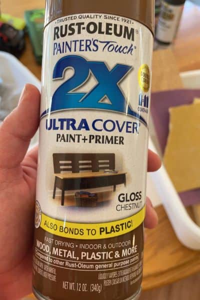 Can of Rustoleum Ultra Cover Paint + Primer in the color Chestnut used to paint our DIY Mud Kitchen