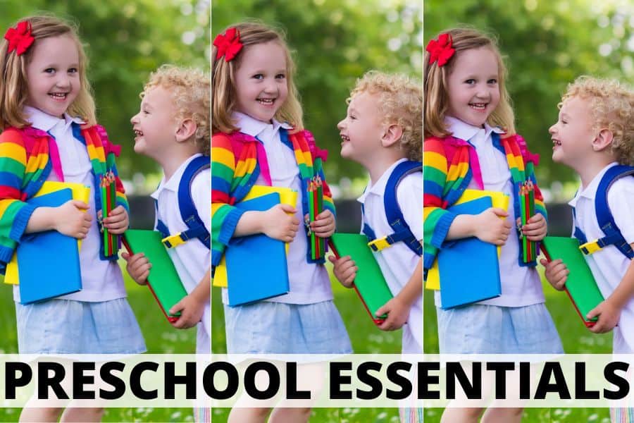 Preschool Essentials - Young boy and girl laughing with their backpacks on first day of preschool