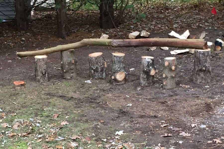 a variety of materials piled up for our natural playground in the dirt, including a large branch and variety of stumps