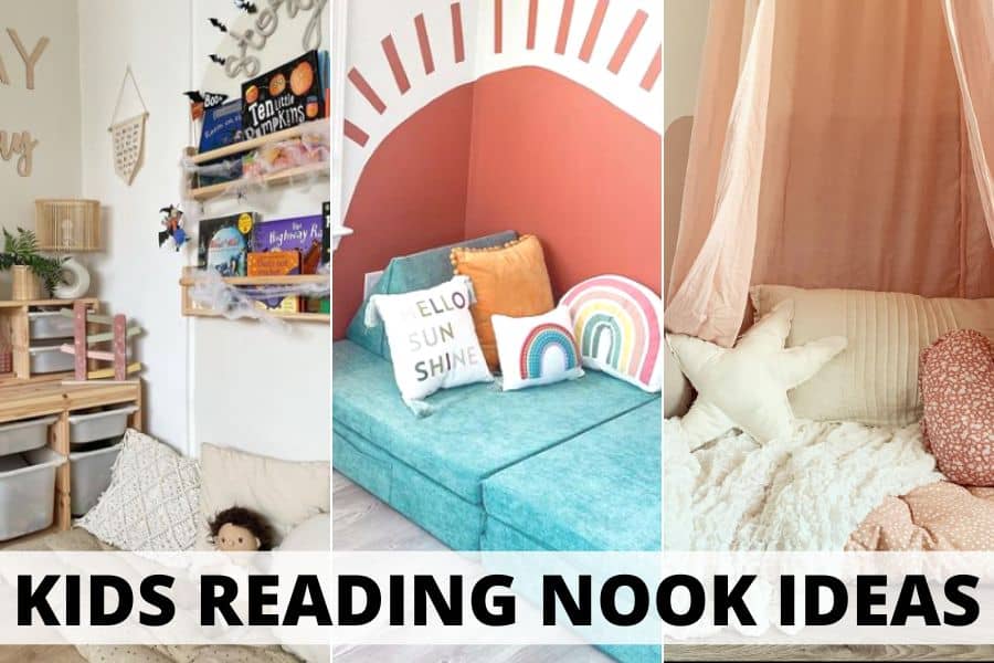 A collage of 3 different kids reading nook ideas. The text over the image reads "Kids Reading Nook Ideas"