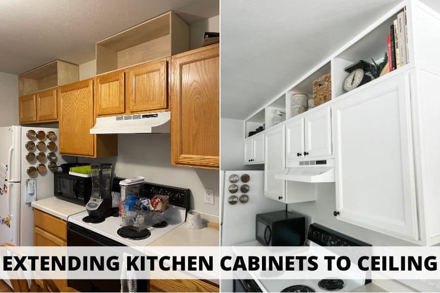 Before and After images of extending kitchen cabinets to the ceiling. The image on the left shows the original kitchen with oak cabinets and open space above the cabinets. The picture on the right shows the cabinets painted white and extended to ceiling height. 
