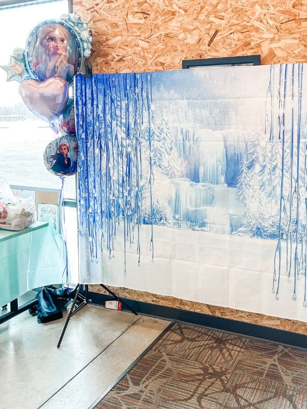 Frozen themed birthday party decorations - a snowy winter photo backdrop and Frozen themed balloon bouquet. 