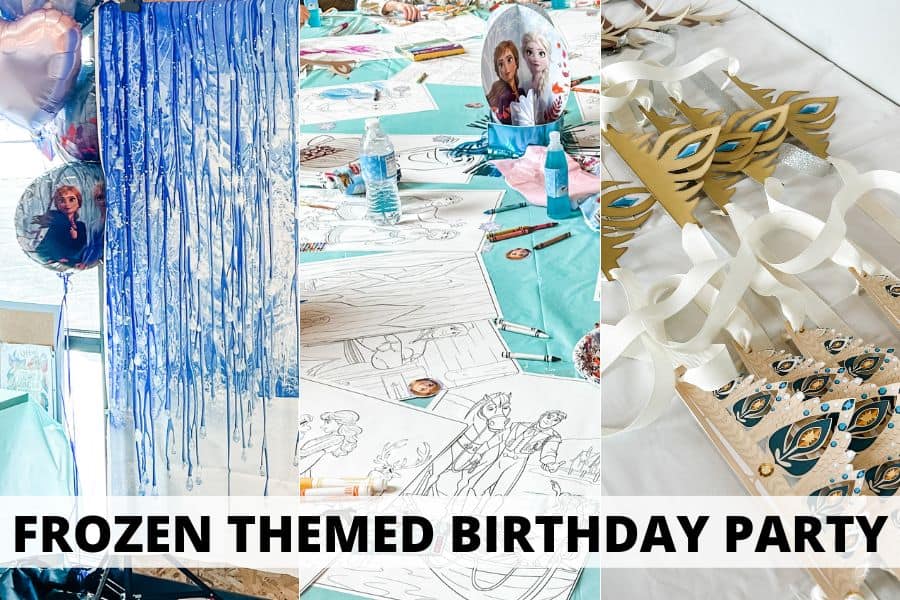 Collage of frozen themed birthday party ideas. From left to right: a winter themed backdrop, a table with coloring pages on it, and some paper frozen themed crowns. The text over the image reads, "frozen themed birthday party".