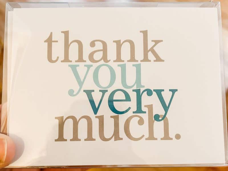 White card with message that says "Thank you very much".