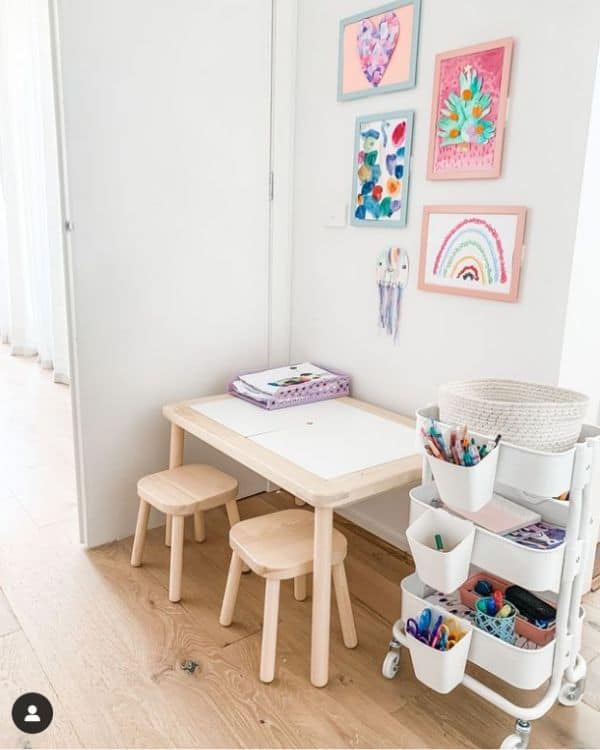 An art corner in a kid's playroom featuring an IKEA kid's table, IKEA storage cart for art supplies, and IKEA frames showcasing kid's artwork on the wall above the table. 