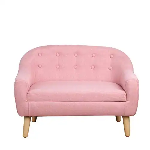 Qaba 2-Seat Kids Sofa Linen Fabric and Wooden Frame Sofa - Pink