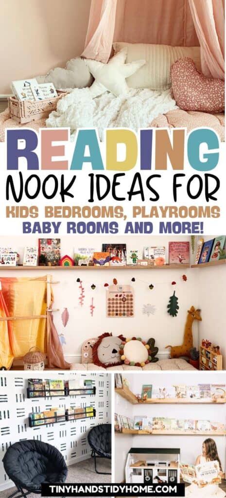 A collage of reading corners in kids' rooms. The text over the image reads, "reading nook ideas for kids bedrooms, playrooms, baby rooms and more".