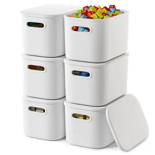 ORGIDOL 6 Pack White Storage Bins with Lids Stackable Storage Container for Organizing, Storage Boxes with Handle for Shelves, Cube Storage Bin for Craft, Snacks, 9.85x6.9x5.7 inch