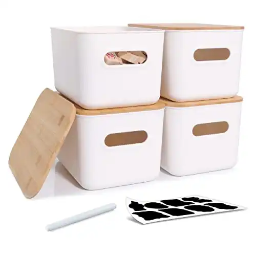 Citylife 4 PCS Storage Bins with Bamboo Lids Plastic Storage Containers for Organizing Stackable Storage Box with Handle, 10.23 x 7.08 x 6.3 inch