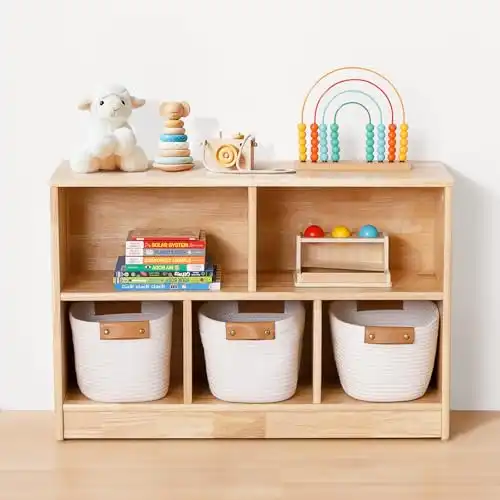 OOOK Rubber Wood 5-Compartment Montessori Shelf, 35.4" L, Toy Organizers and Storage, 2-Tier Wooden Storage Cabinet, Kids Classroom Organizer, Playroom, Daycare and Preschool Storage Shelves