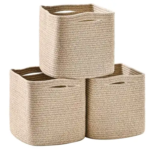 ICERZCZ 11 Inch Cube Storage Bins, Storage Cube Organizer Bins, Woven Cotton Rope Baskets for Storage, Storage Baskets for Organizing Shelves, Square Cube Baskets for Toys Nursery, Brown (Pack of 3)