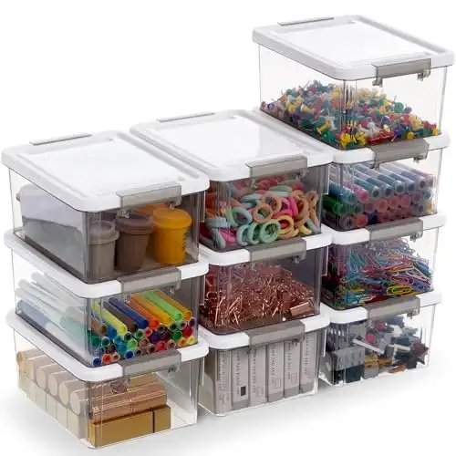 Citylife 1.3 QT 10 Pack Small Storage Bins Plastic Storage Container Stackable Box with Lids for Organizing, Clear Grey