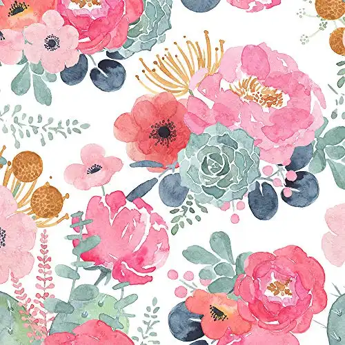 HAOKHOME Floral Wallpaper Peel and Stick Watercolor Cactus White/Pink/Green/Navy Blue Vinyl Self Adhesive Contact Paper Decorative 17.7in x 9.8ft